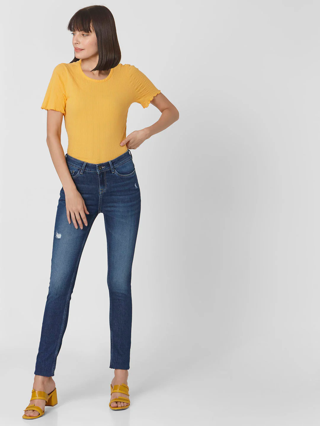 Dark Blue Mid Rise Ripped Skinny Jeans - Image 6