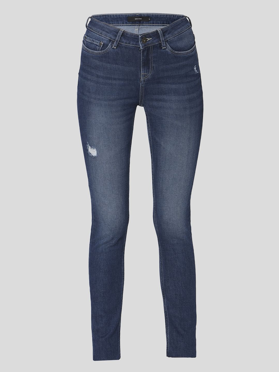Dark Blue Mid Rise Ripped Skinny Jeans - Image 7