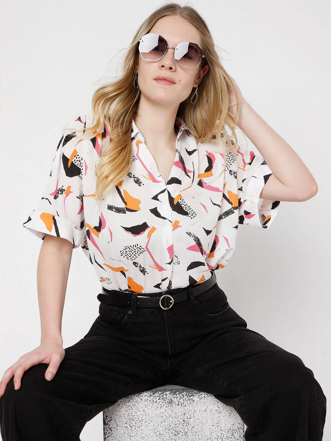 White Abstract Print Shirt