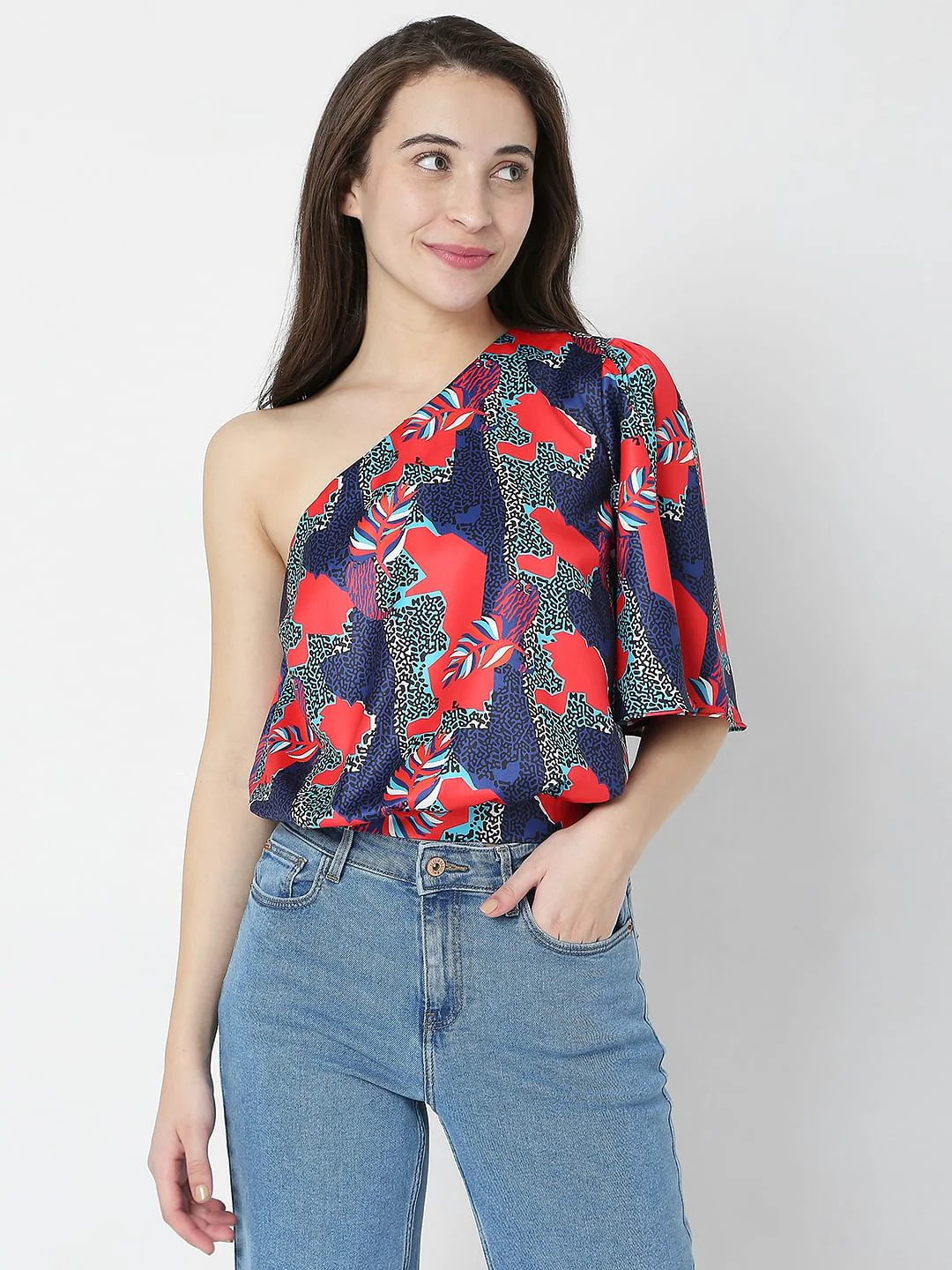 Blue Printed One Shoulder Top - Image 2