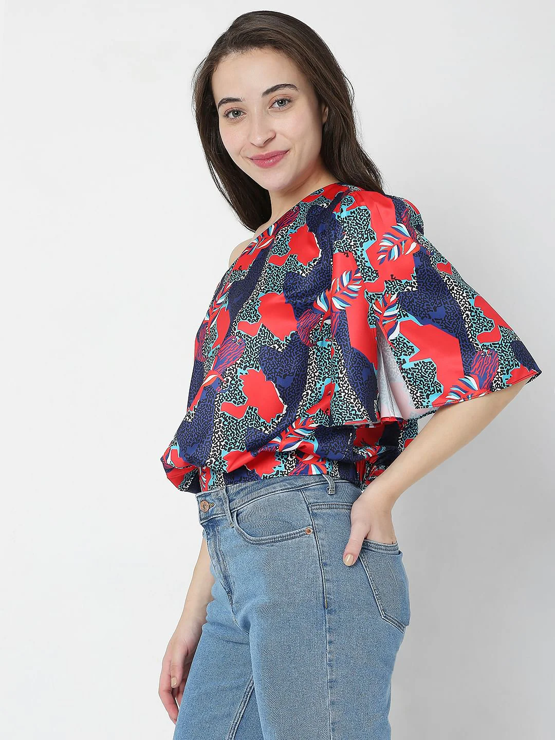 Blue Printed One Shoulder Top - Image 3