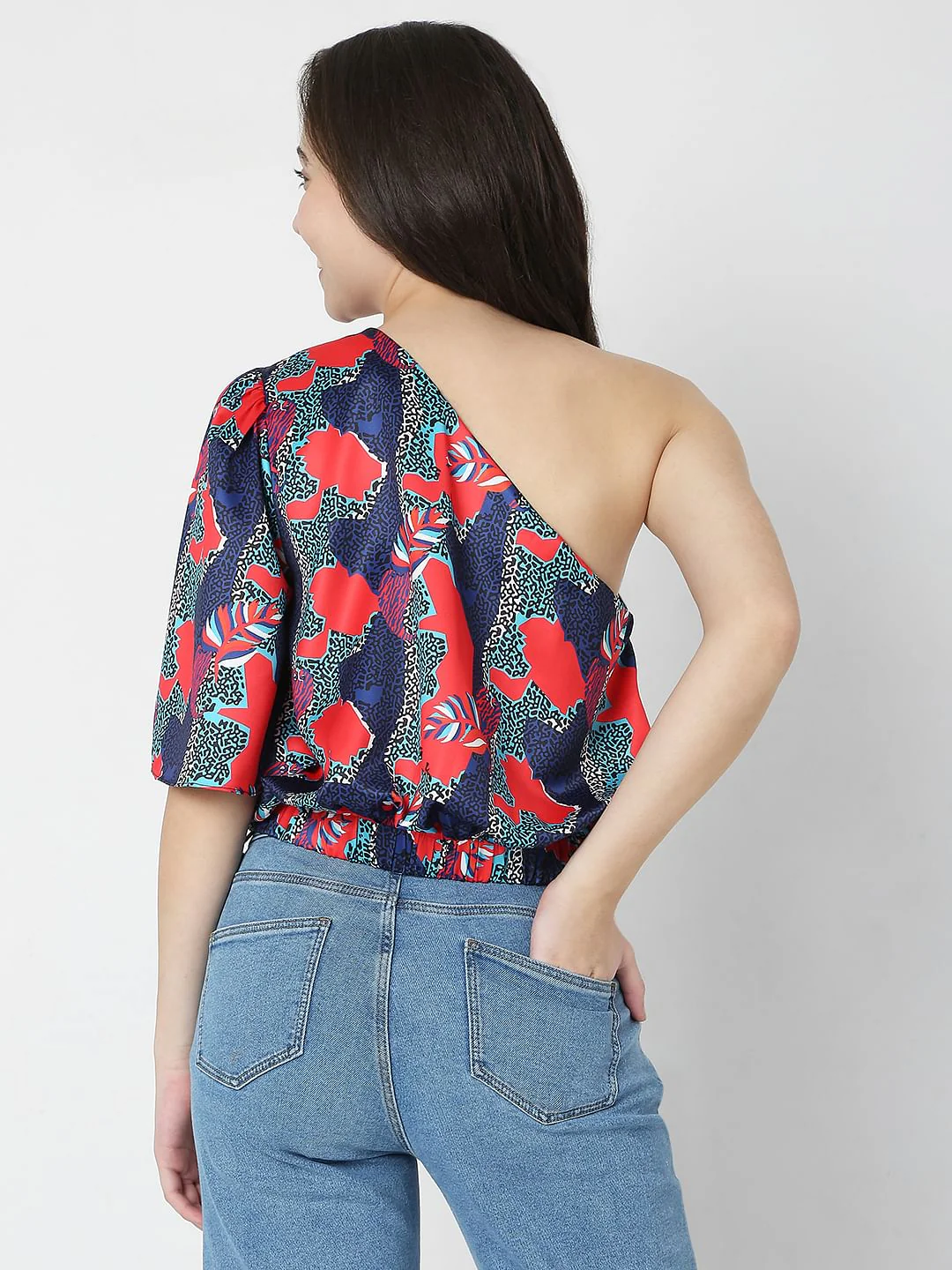 Blue Printed One Shoulder Top - Image 4
