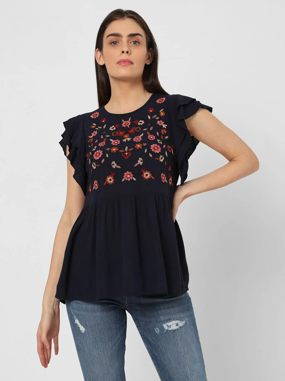 Blue Embroidered Peplum Top - Image 2