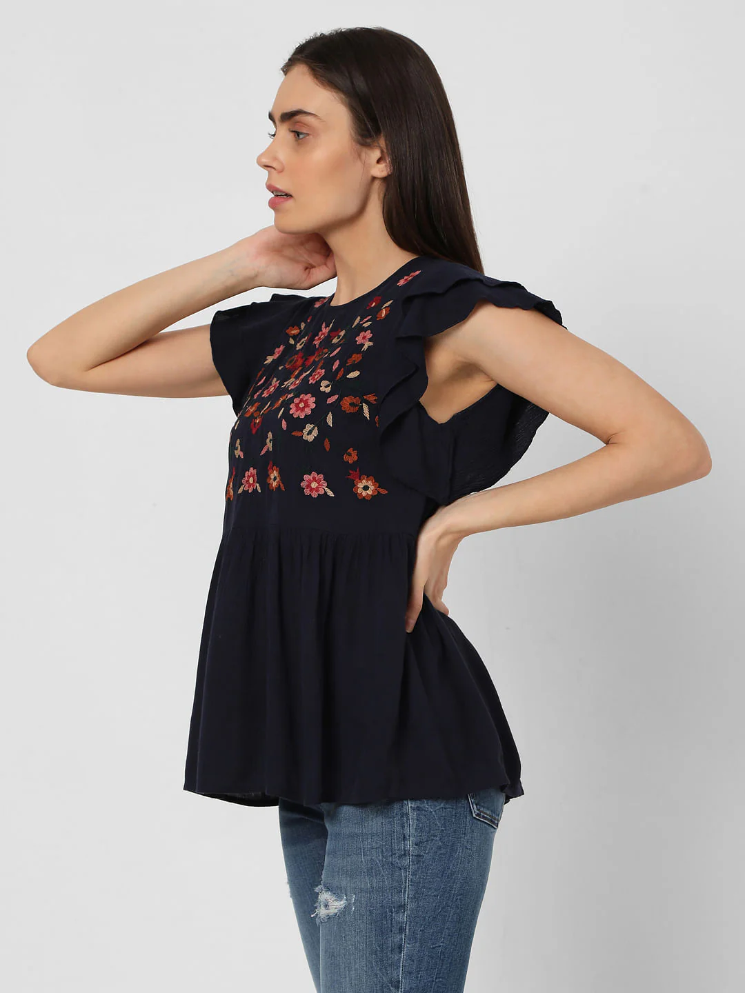 Blue Embroidered Peplum Top - Image 3
