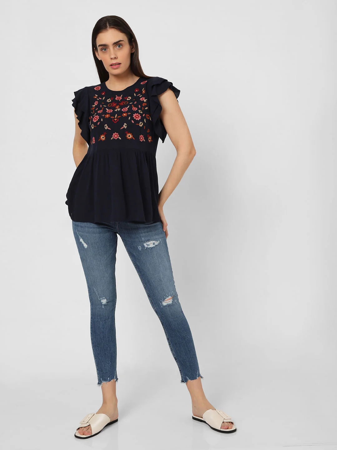 Blue Embroidered Peplum Top - Image 5