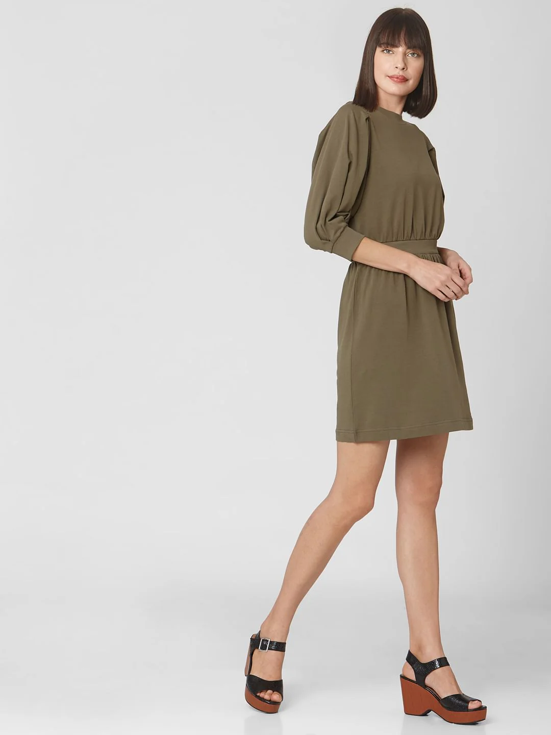 Green Cuff Sleeves Fit & Flare Dress - Image 3