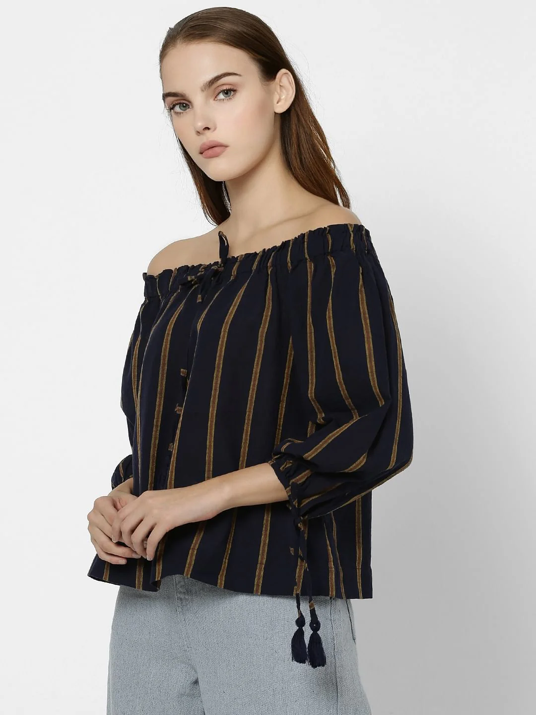 Black Striped Off Shoulder Crop Top - Image 2