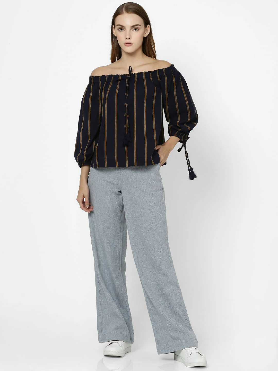 Black Striped Off Shoulder Crop Top - Image 4