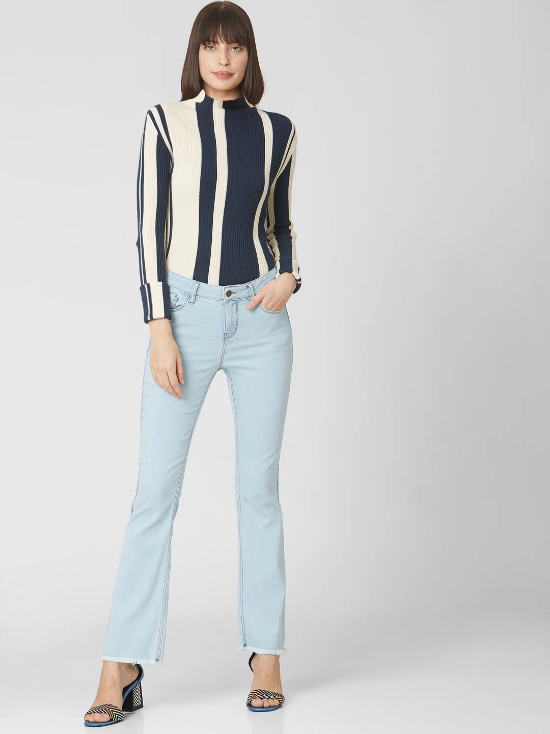 Light Blue Mid Rise Tape Detail Bootcut Jeans - Image 6