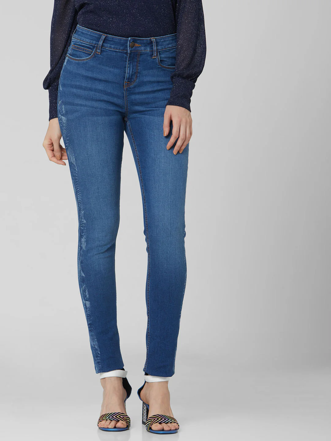 Dark Blue Mid Rise Laser Tape Skinny Jeans