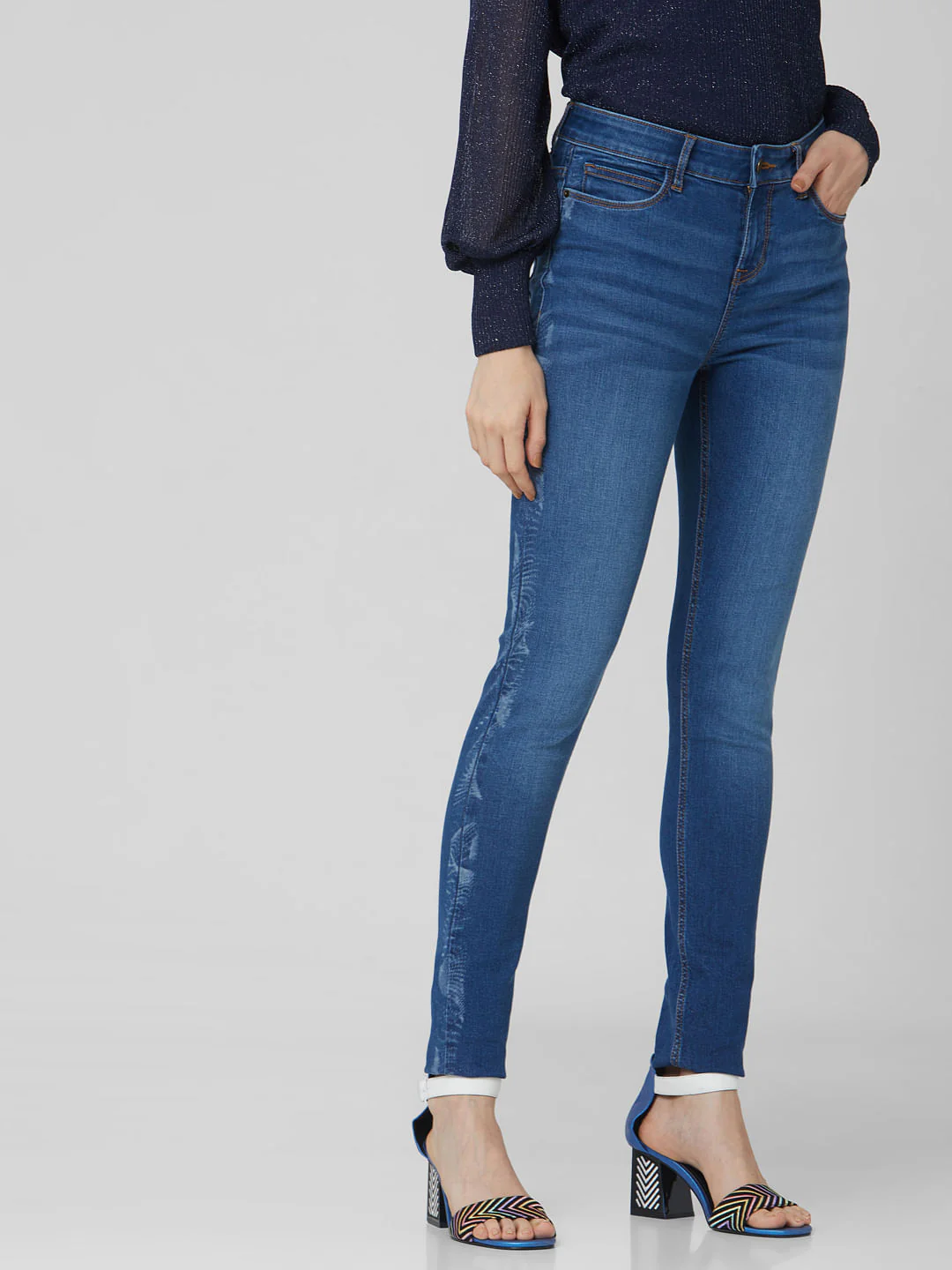 Dark Blue Mid Rise Laser Tape Skinny Jeans - Image 3
