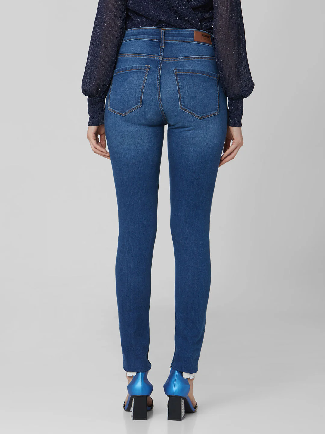 Dark Blue Mid Rise Laser Tape Skinny Jeans - Image 4