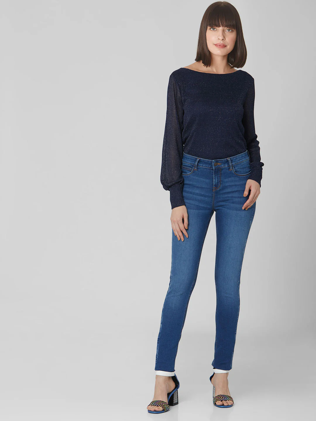 Dark Blue Mid Rise Laser Tape Skinny Jeans - Image 5