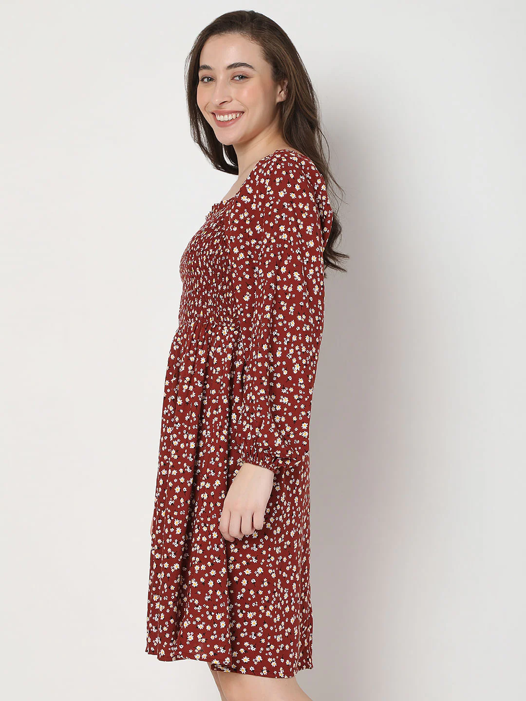 Maroon Floral Print Fit & Flare Dress - Image 3