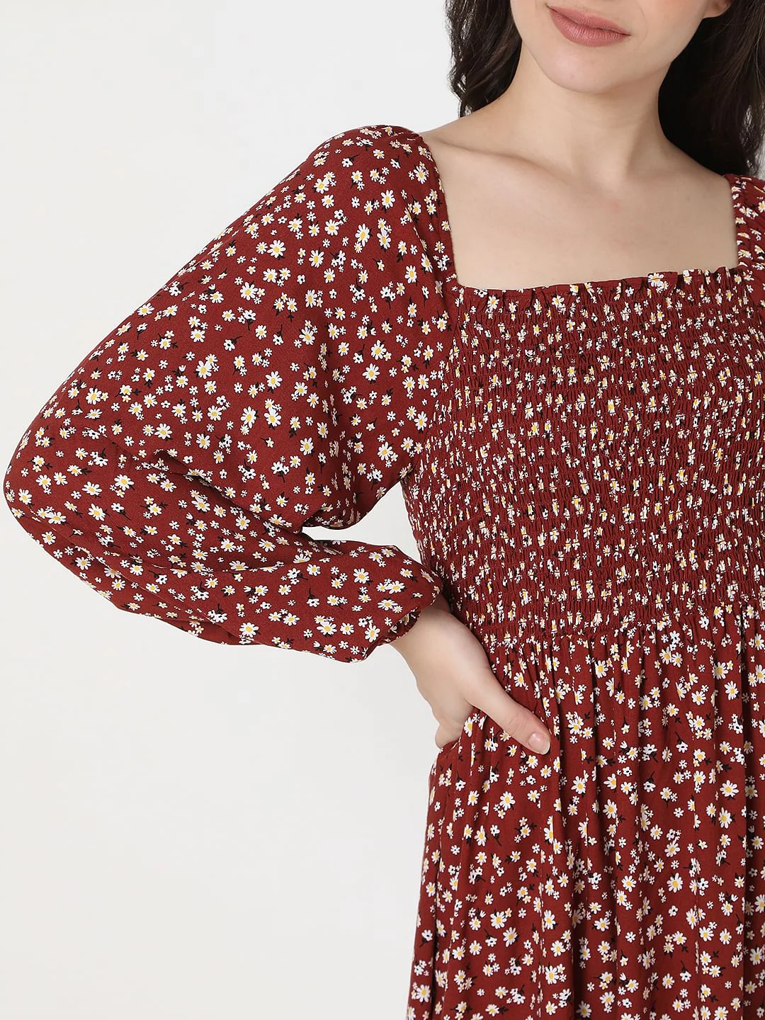 Maroon Floral Print Fit & Flare Dress - Image 5