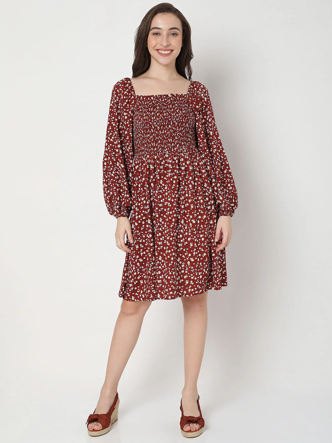 Maroon Floral Print Fit & Flare Dress - Image 6