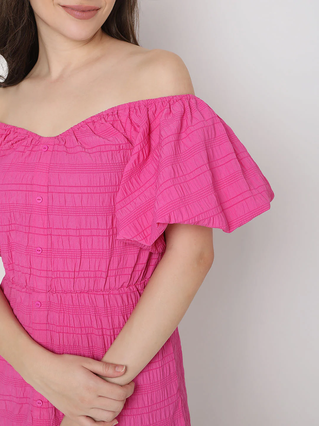Pink Textured Off-Shoulder Dress - Image 5