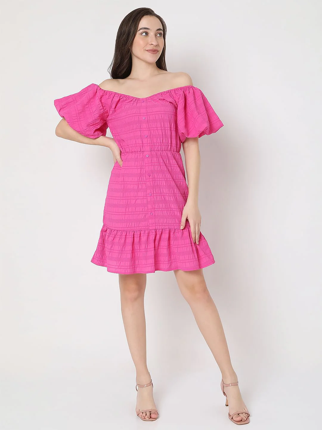 Pink Textured Off-Shoulder Dress - Image 6