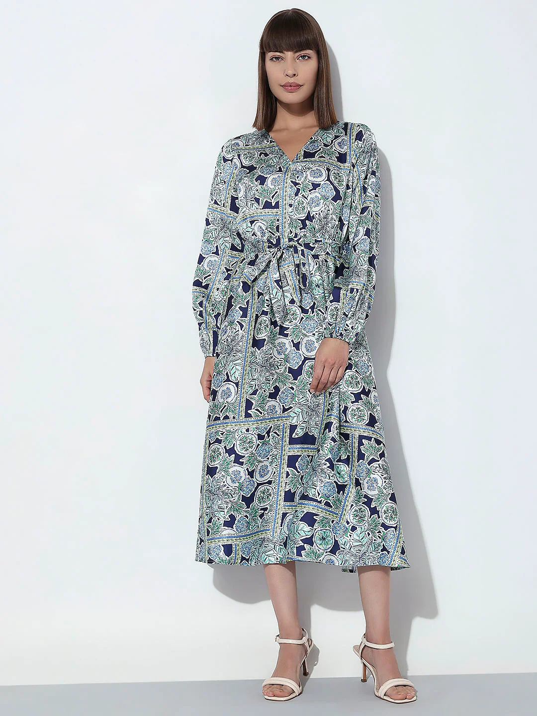 Navy Blue Floral Print Midi Dress - Image 2