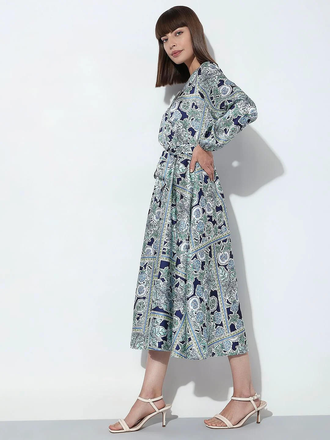 Navy Blue Floral Print Midi Dress - Image 3
