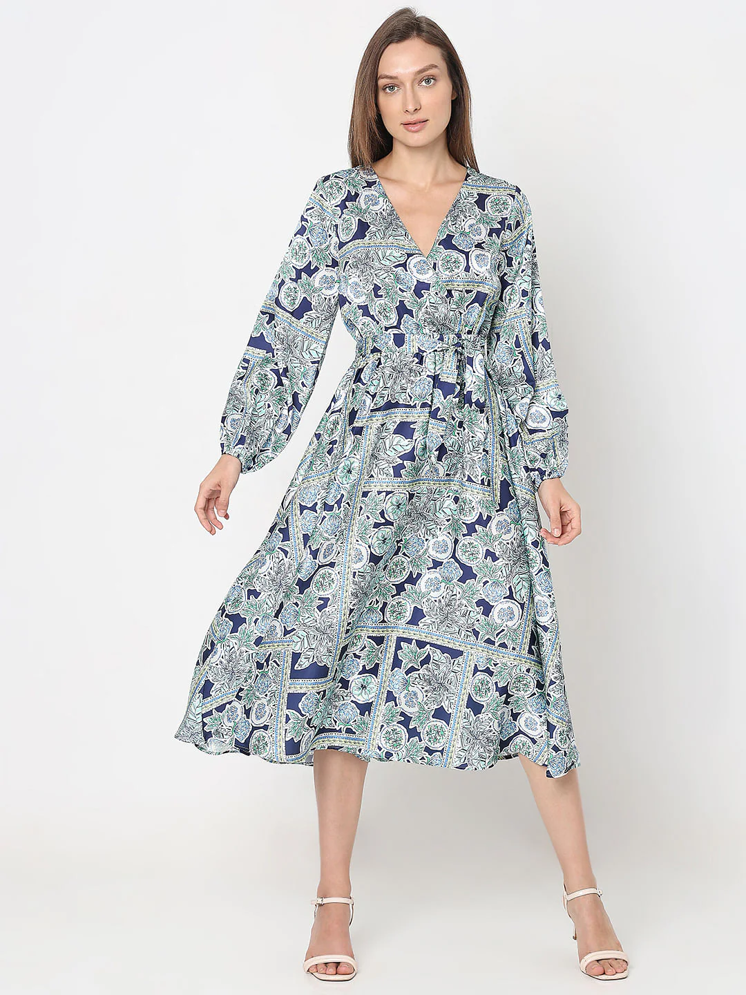 Blue Printed Satin Midi Dress - Image 2