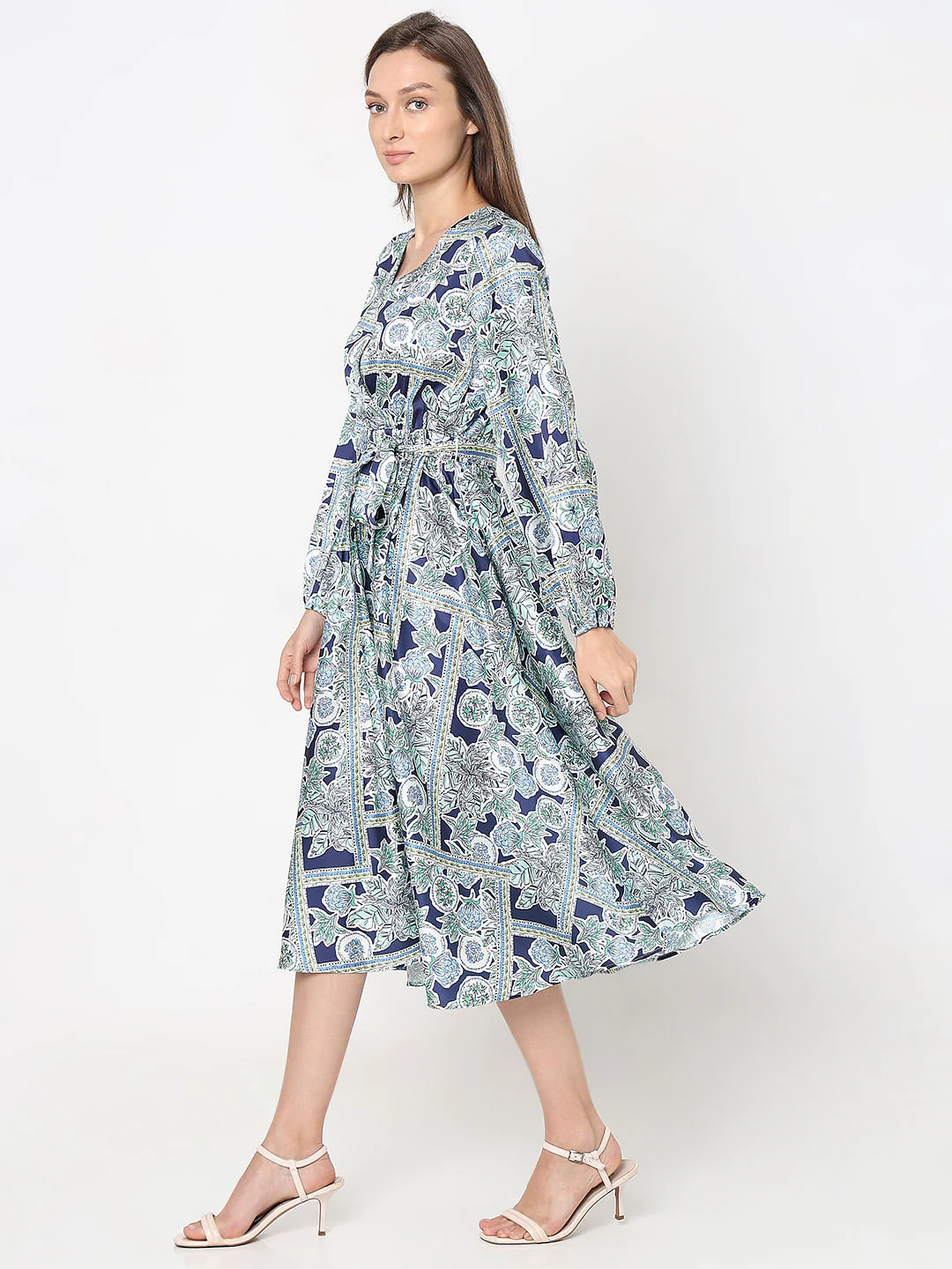 Blue Printed Satin Midi Dress - Image 3