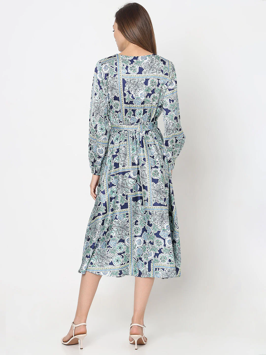 Blue Printed Satin Midi Dress - Image 4