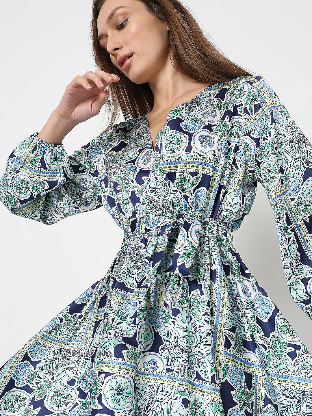Blue Printed Satin Midi Dress - Image 5