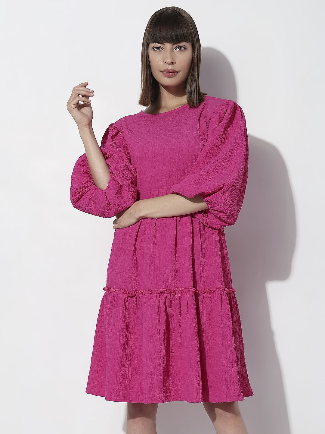 Fuchsia Pink Structured Tiered Shift Dress - Image 2
