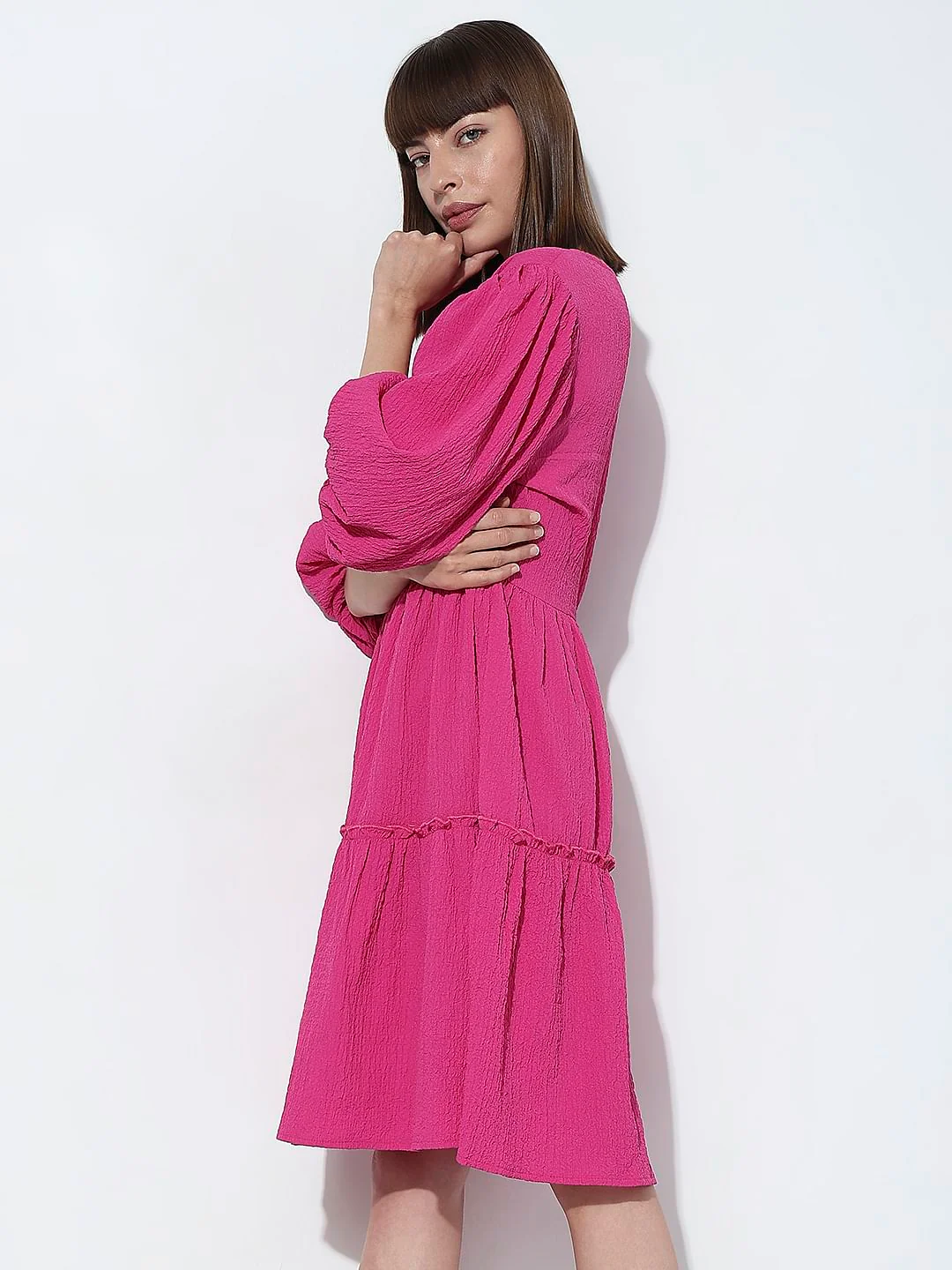 Fuchsia Pink Structured Tiered Shift Dress - Image 3