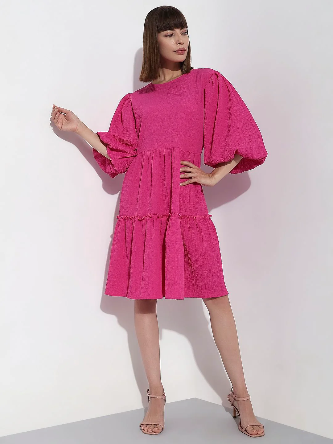 Fuchsia Pink Structured Tiered Shift Dress - Image 5