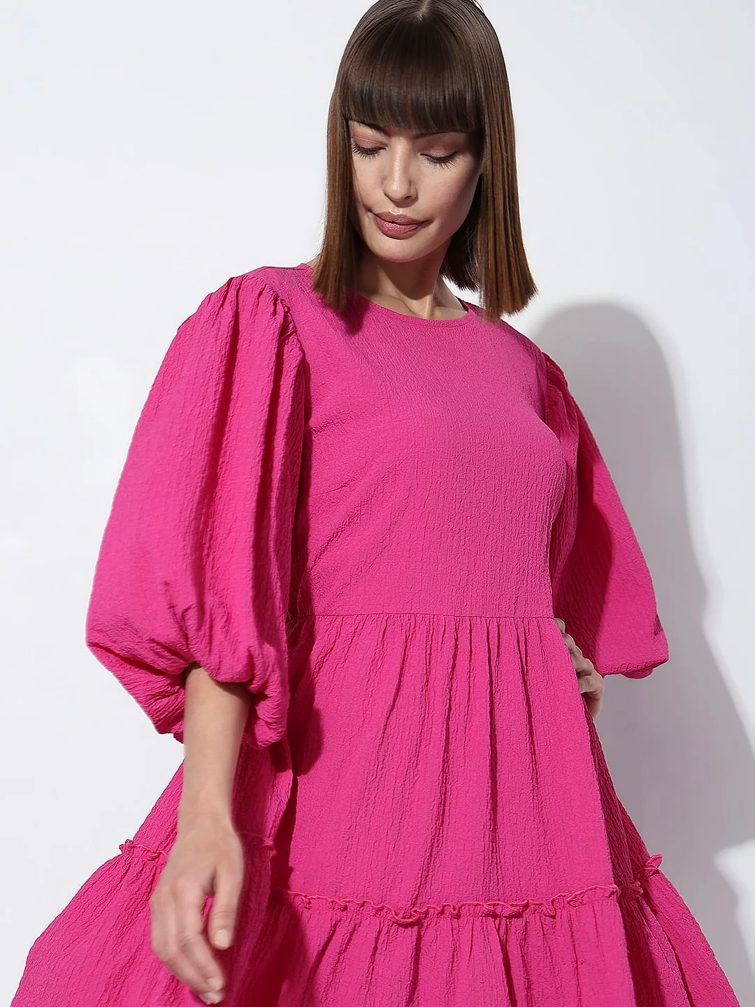 Fuchsia Pink Structured Tiered Shift Dress - Image 6