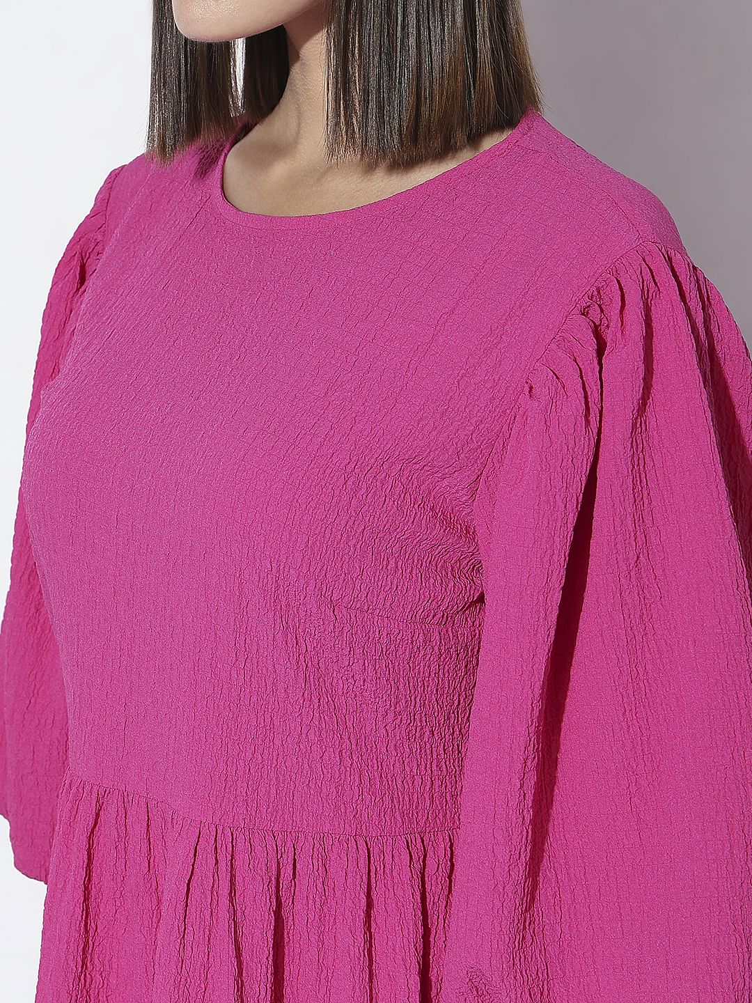 Fuchsia Pink Structured Tiered Shift Dress - Image 8