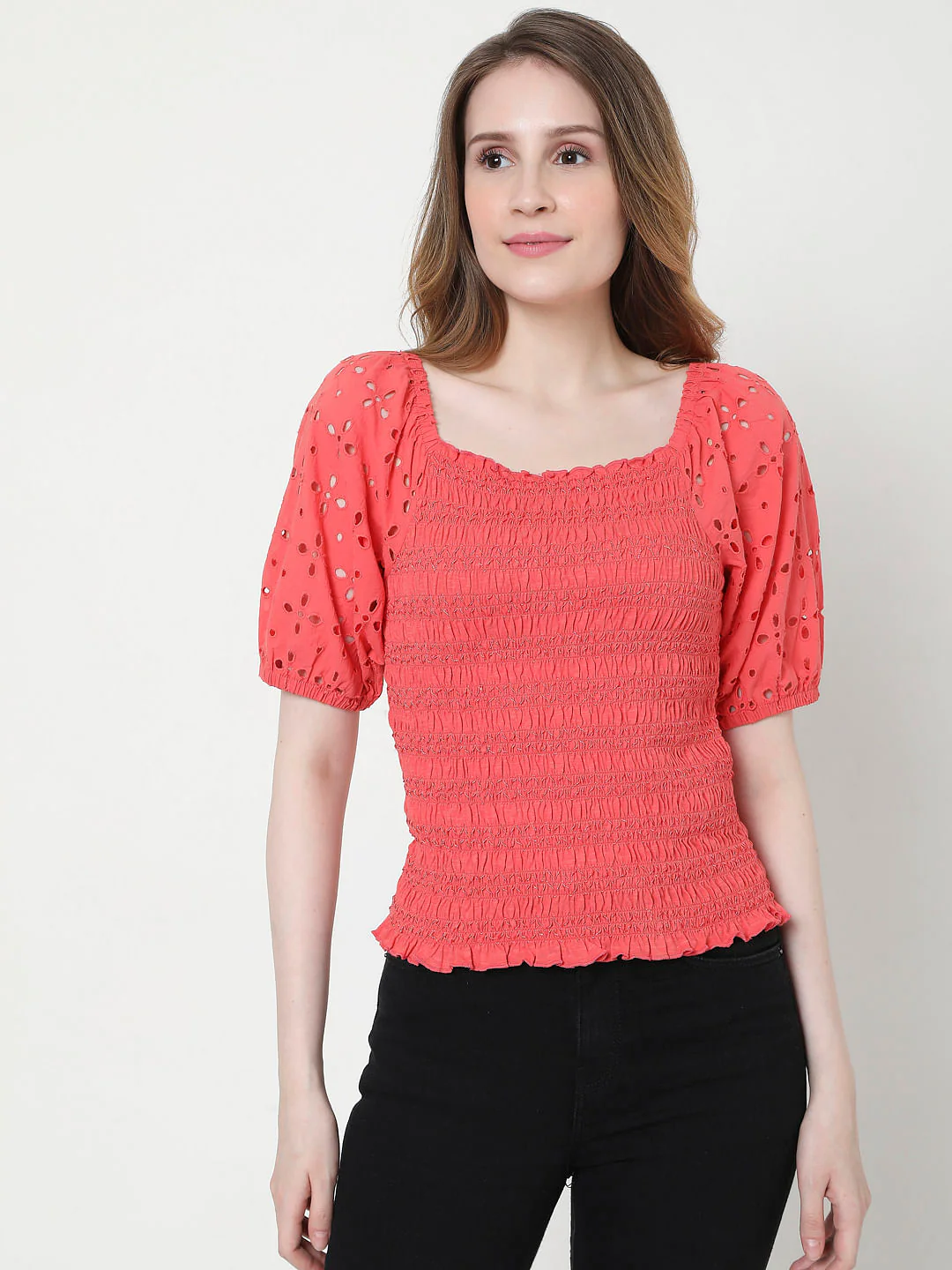 Coral Cut Work Smocked Top - Image 2