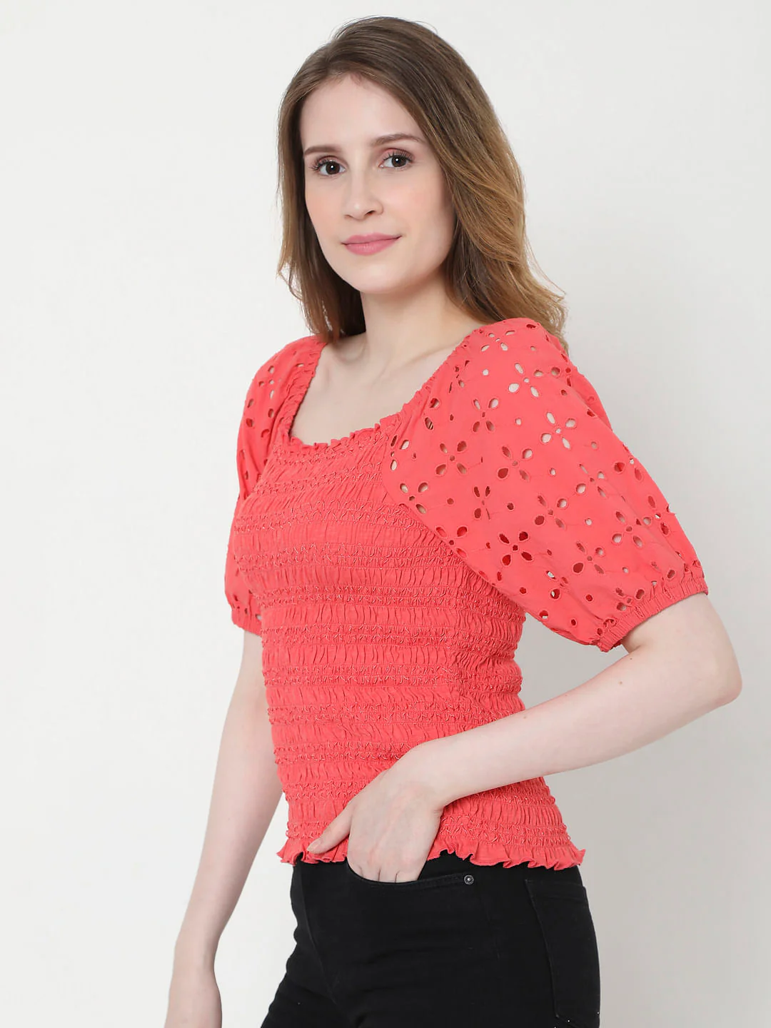 Coral Cut Work Smocked Top - Image 3