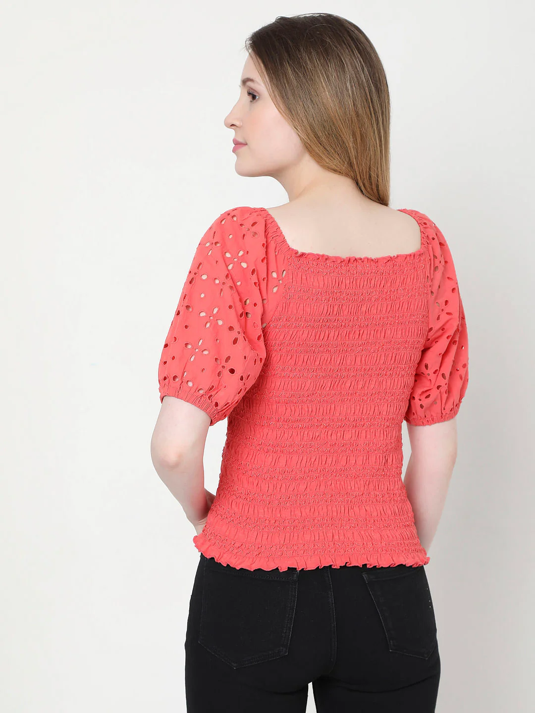 Coral Cut Work Smocked Top - Image 4