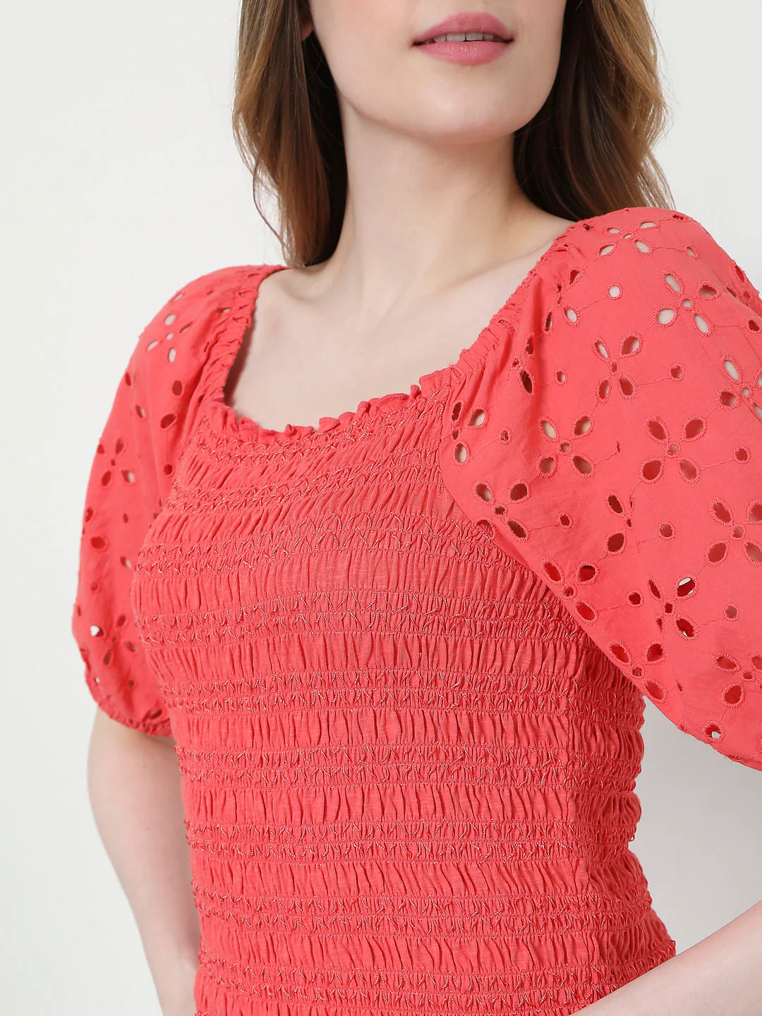 Coral Cut Work Smocked Top - Image 6