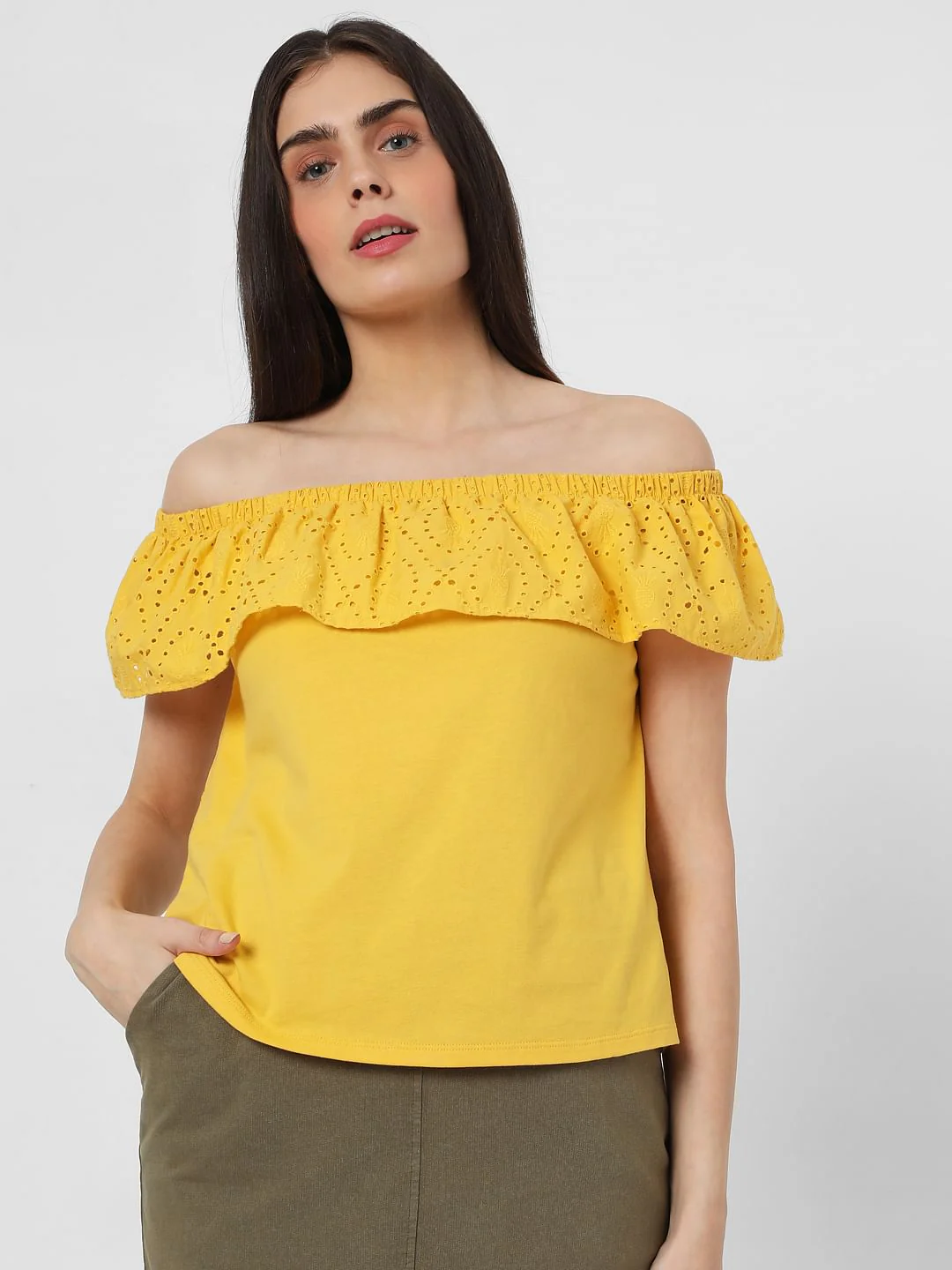 Yellow Off Shoulder Schiffli Top - Image 2