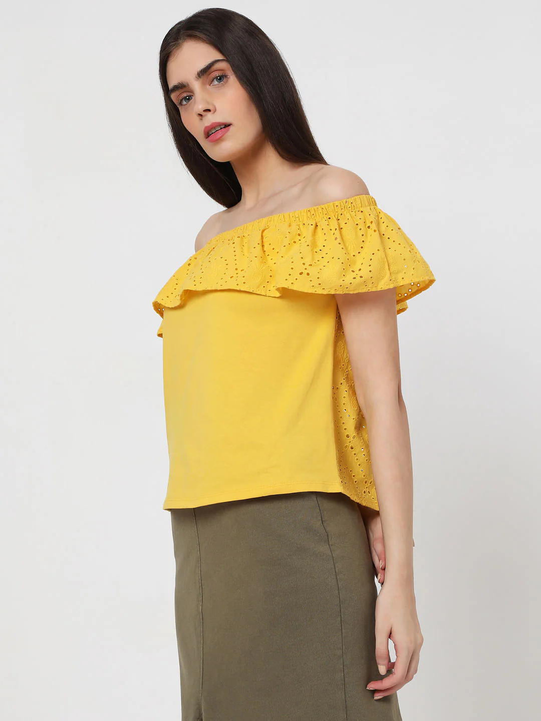 Yellow Off Shoulder Schiffli Top - Image 3