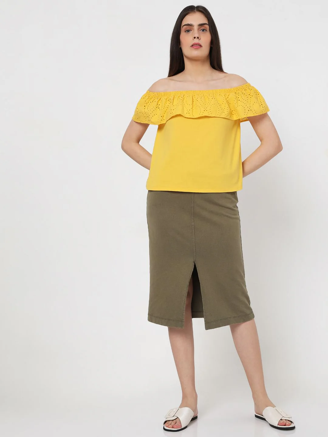 Yellow Off Shoulder Schiffli Top - Image 5