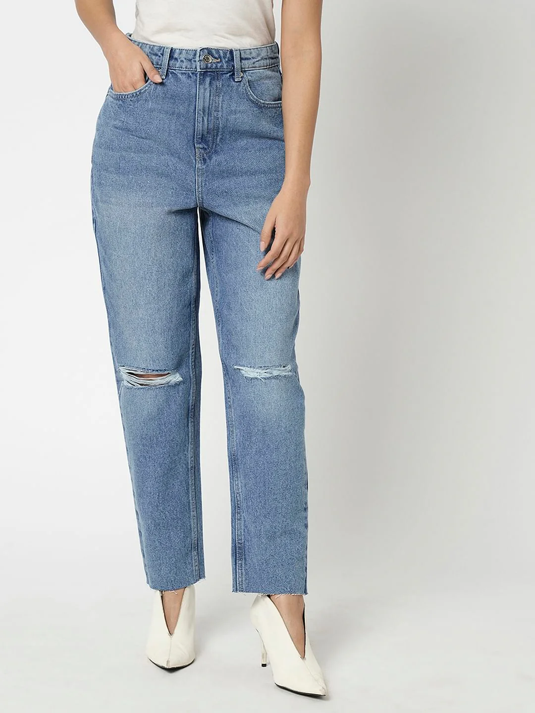 I.Scenery By Vero Moda Blue High Rise Distressed Mom Fit Jeans - Image 2