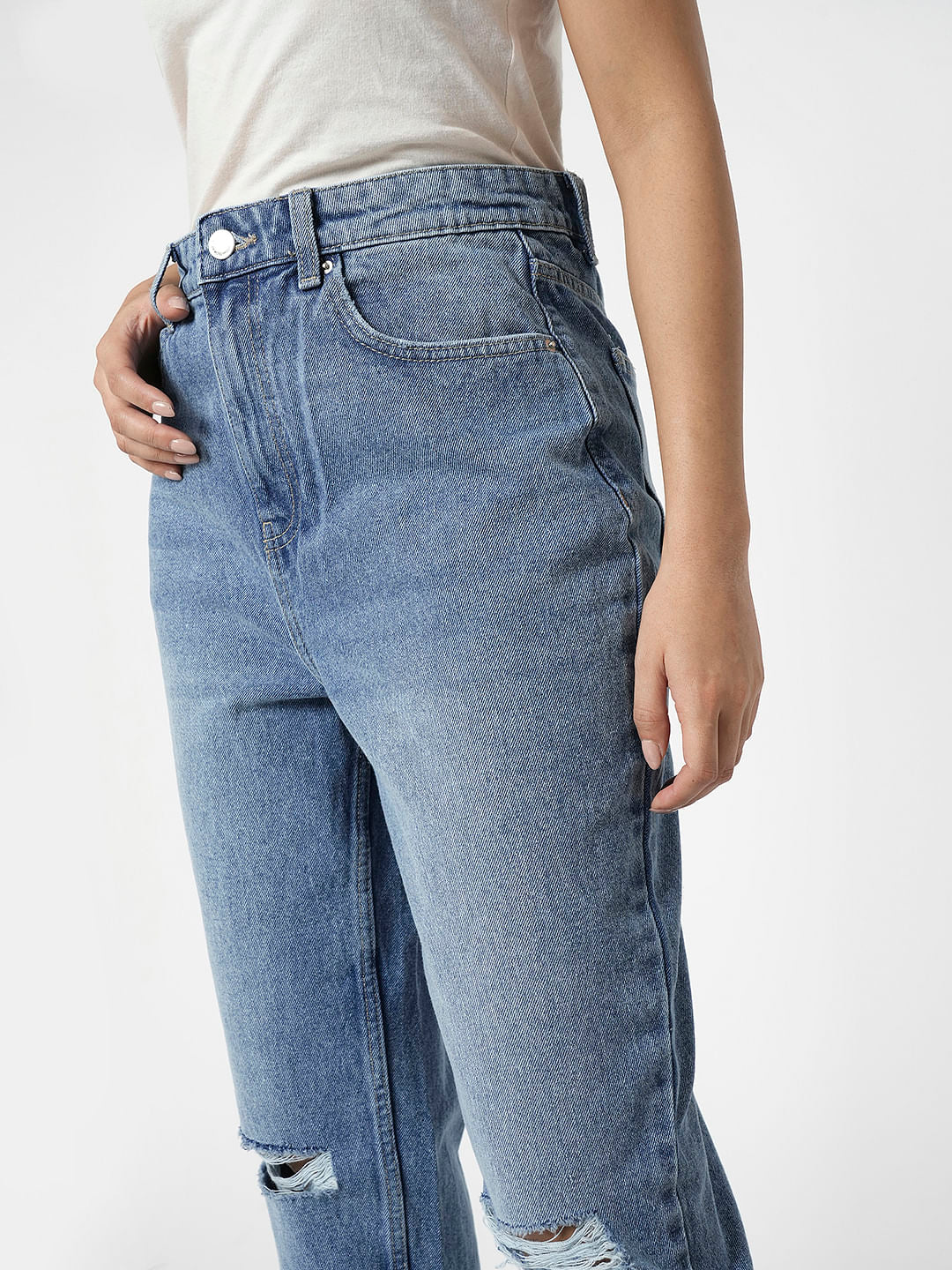 I.Scenery By Vero Moda Blue High Rise Distressed Mom Fit Jeans - Image 6