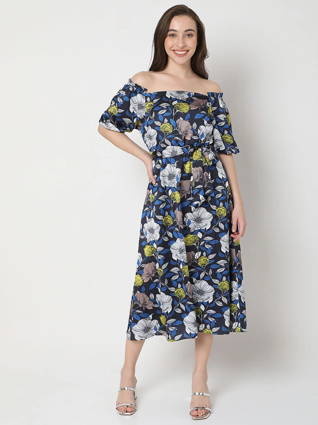 Blue Floral Off-Shoulder Midi Dress - Image 2