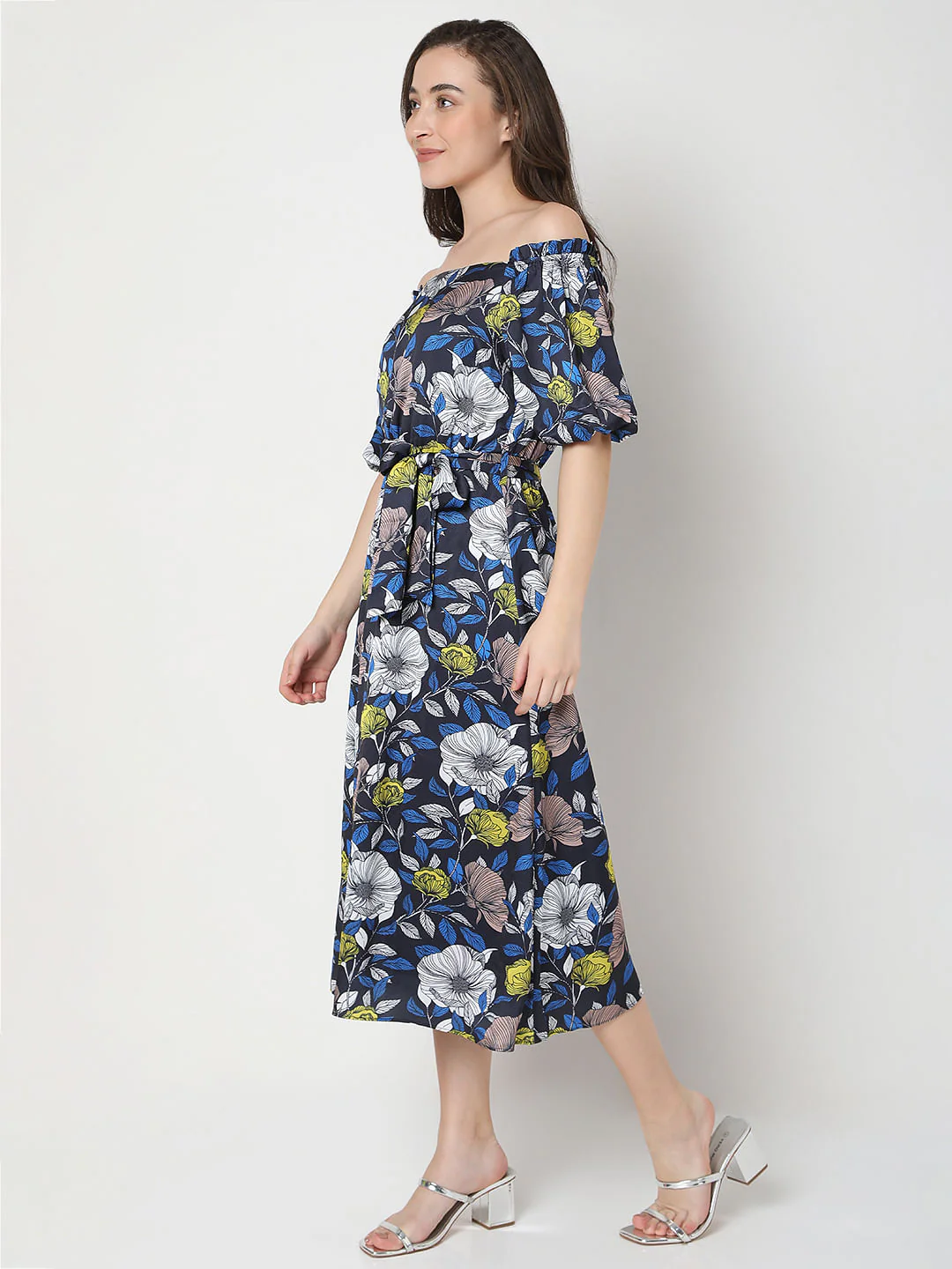 Blue Floral Off-Shoulder Midi Dress - Image 3