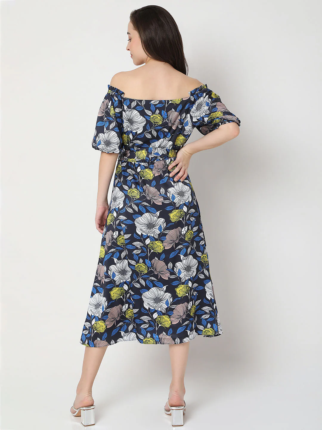 Blue Floral Off-Shoulder Midi Dress - Image 4