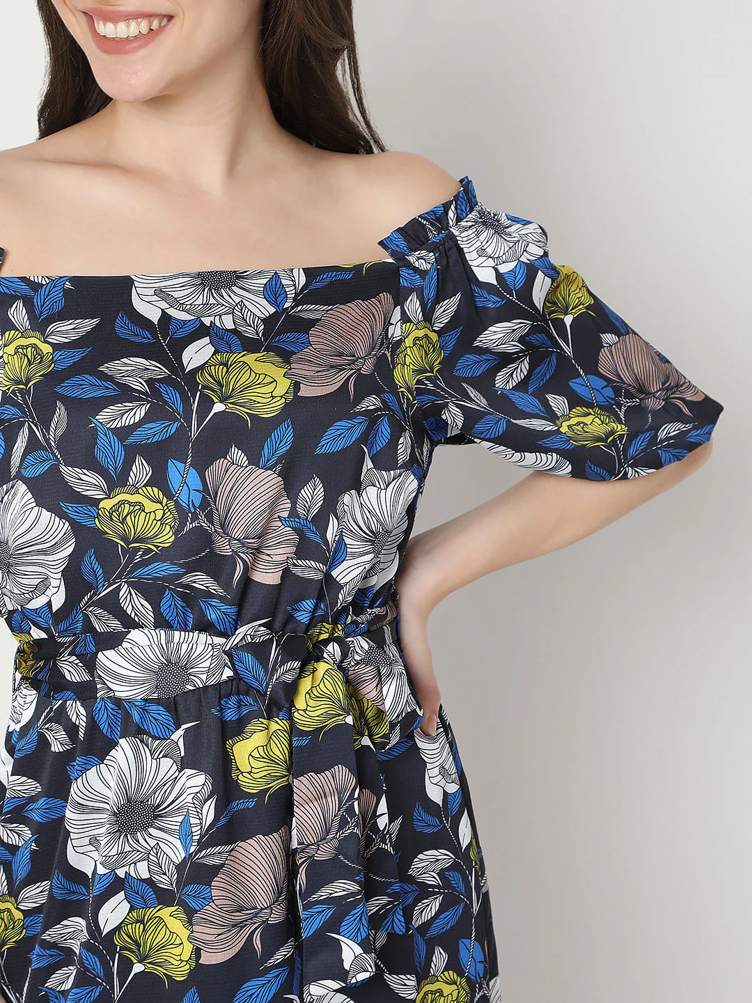 Blue Floral Off-Shoulder Midi Dress - Image 5