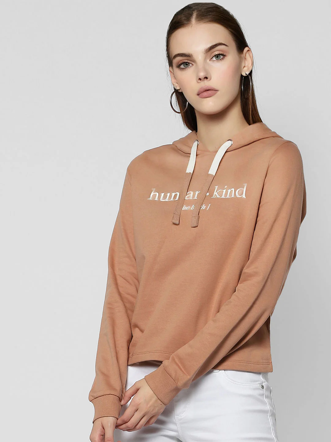 Beige Text Print Hooded Sweatshirt - Image 2