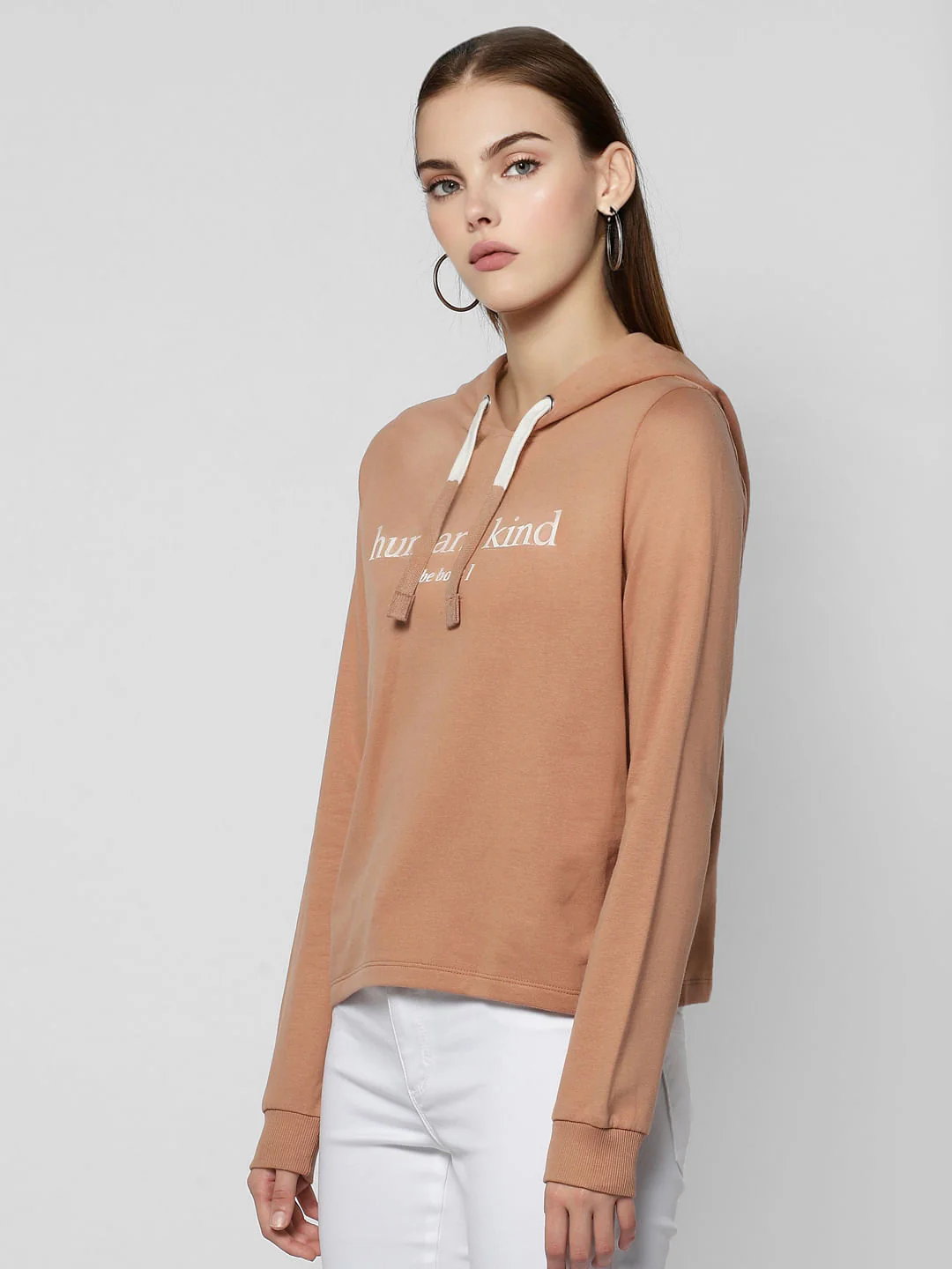 Beige Text Print Hooded Sweatshirt - Image 3