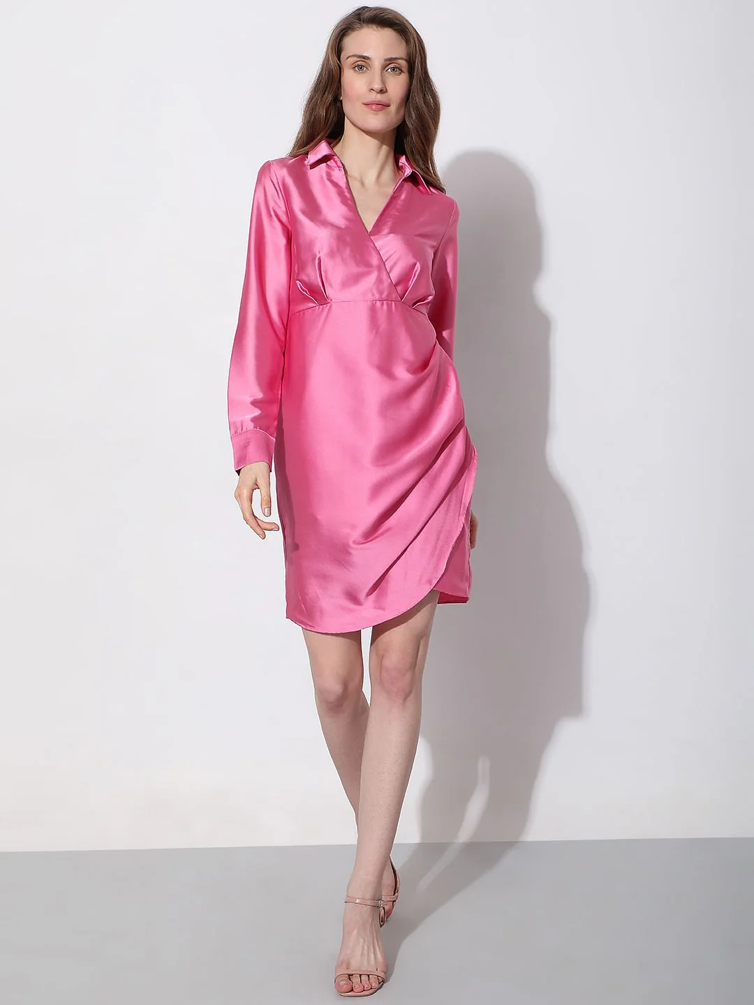 Pink Satin Wrap Shirt Dress - Image 5