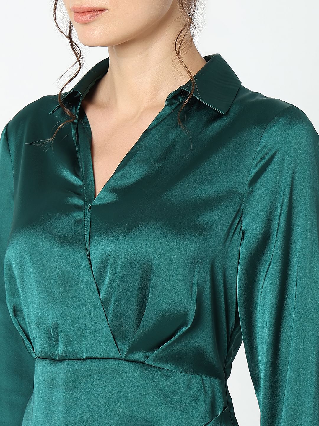 Teal Satin Shirt Dress - Image 10